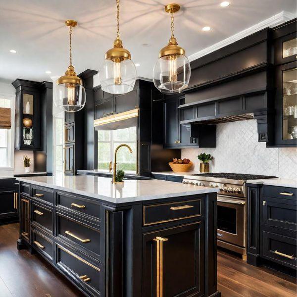 black cabinets with gold handles