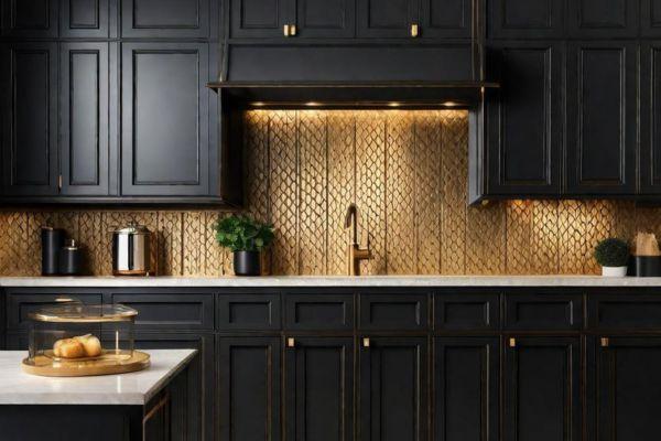 black cabinets with gold backsplash