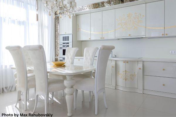 white cabinets with gold veins