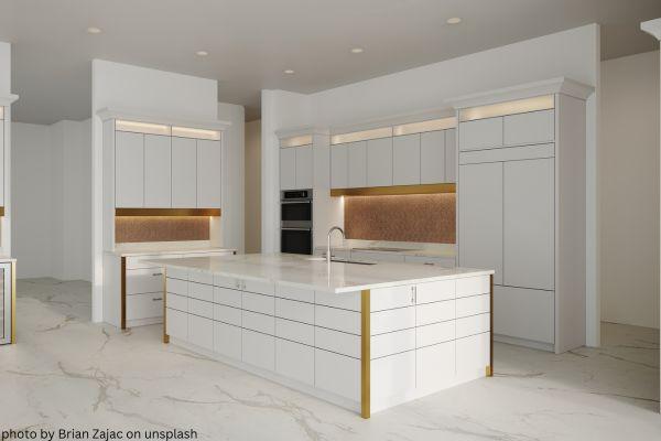 white cabinets with gold backsplash