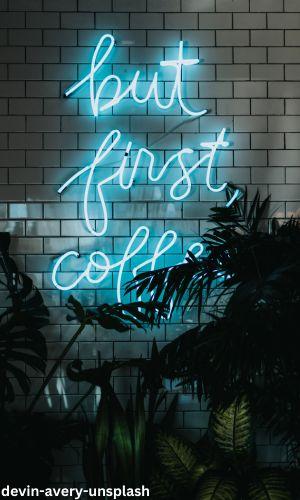 coffee-themed kitchen with a neon sign
