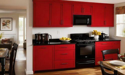 red cabinet and black stove