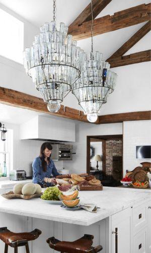 glass bottle chandelier in farmhouse kitchen