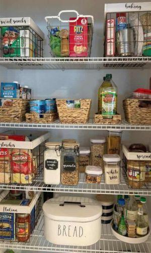 rattan baskets in walk-in pantry