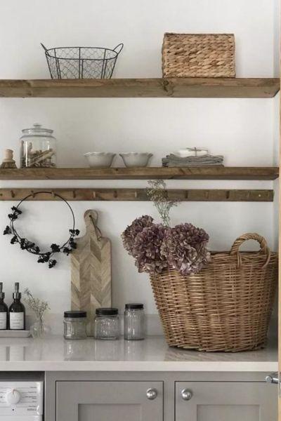 woven baskets on open shelves