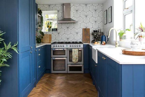 blue and white small kitchen