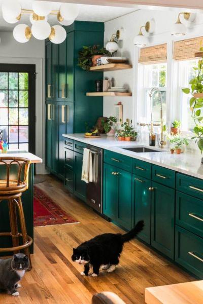 Green Cabinets with Open Shelving