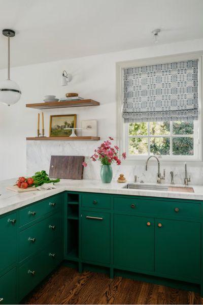 Green Cabinets with Marble Backsplash