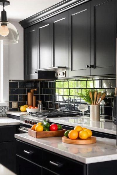 Black Cabinets with Bold Backsplash