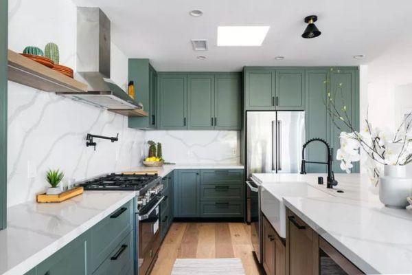 Dark Green Cabinets with Black Hardware