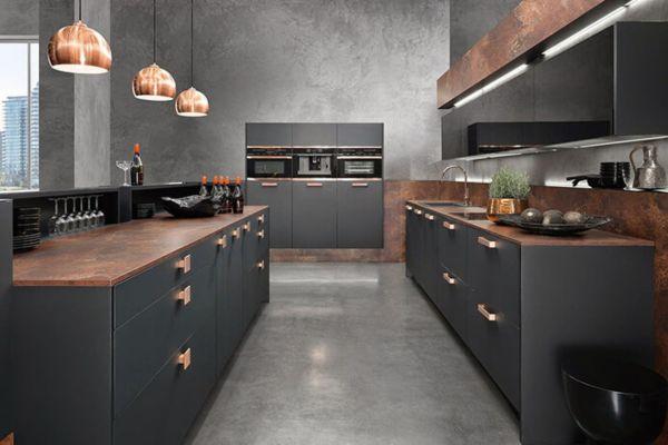 Black Cabinets with Copper Accents