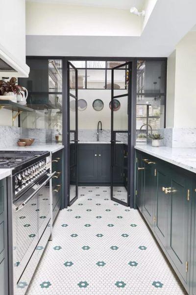 Black Cabinets with Patterned Flooring