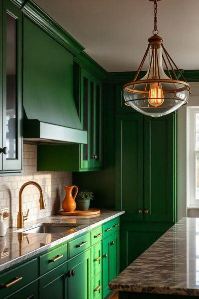 Green Cabinets with Bold Lighting