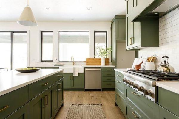 Green Cabinets with Farmhouse Sink