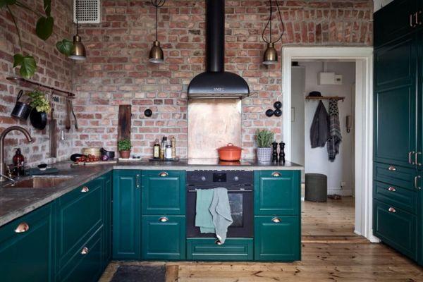 Green Cabinets with Exposed Brick