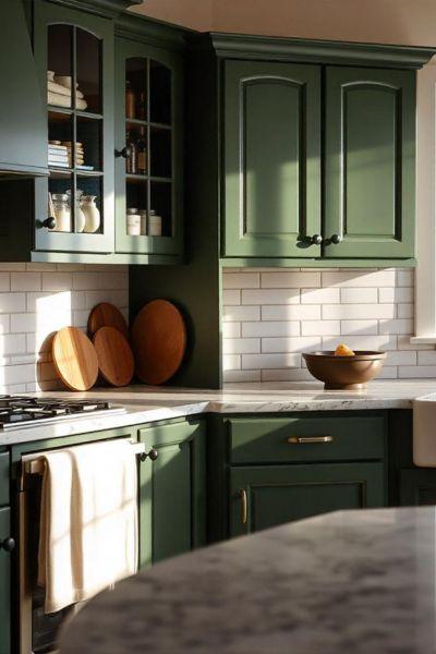 Green Cabinets with Subway Tile Backsplash