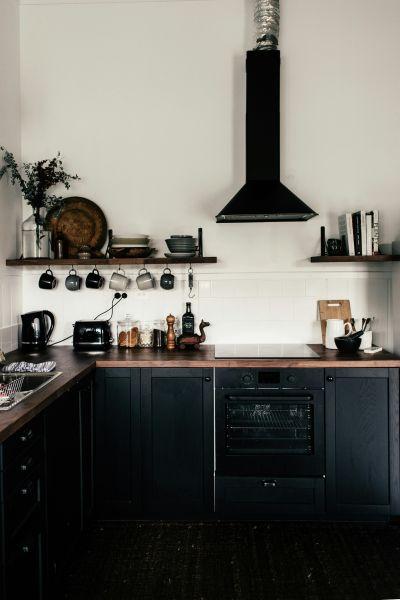 Black Cabinets with Open Shelving