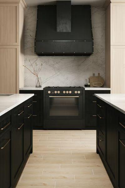 Black Cabinets with Natural Stone Backsplash